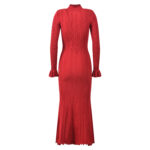 2026 early spring new heavy industry nail bead V-neck wine red trumpet sleeve slim fit slimming long knitted dress - Image 3