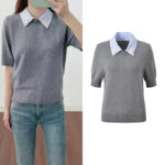 2026 Spring/Summer New Style Fake Two piece Shirt Collar Nail Bead Flower Short sleeved Top Fashionable Age reducing Versatile Knitted T-shirt