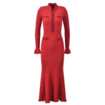2026 early spring new heavy industry nail bead V-neck wine red trumpet sleeve slim fit slimming long knitted dress - Image 2