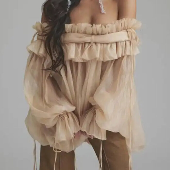 Fashionable and Sweet Style Women's 2025 Autumn New Collection One Word Neck Wooden Ear Splicing Lace Design Long Sleeve Top