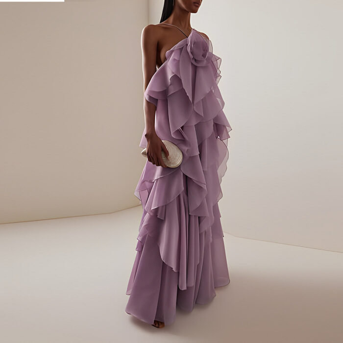 European and American style dress for women in autumn 2025, fashionable hanging neck sleeveless design, multi-layer ruffle edge suspender long skirt