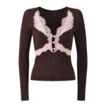 2025 Autumn/Winter New Fashionable Style Lace Hollow Splicing V-neck Slim Fit Knitted Bottom Shirt Top - Image 2