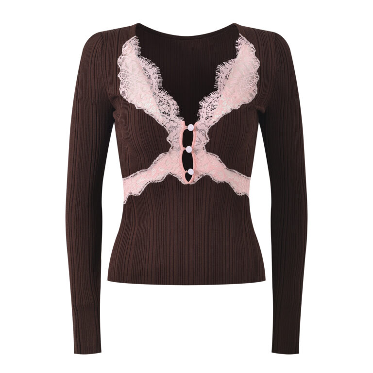 2025 Autumn/Winter New Fashionable Style Lace Hollow Splicing V-neck Slim Fit Knitted Bottom Shirt Top - Image 2