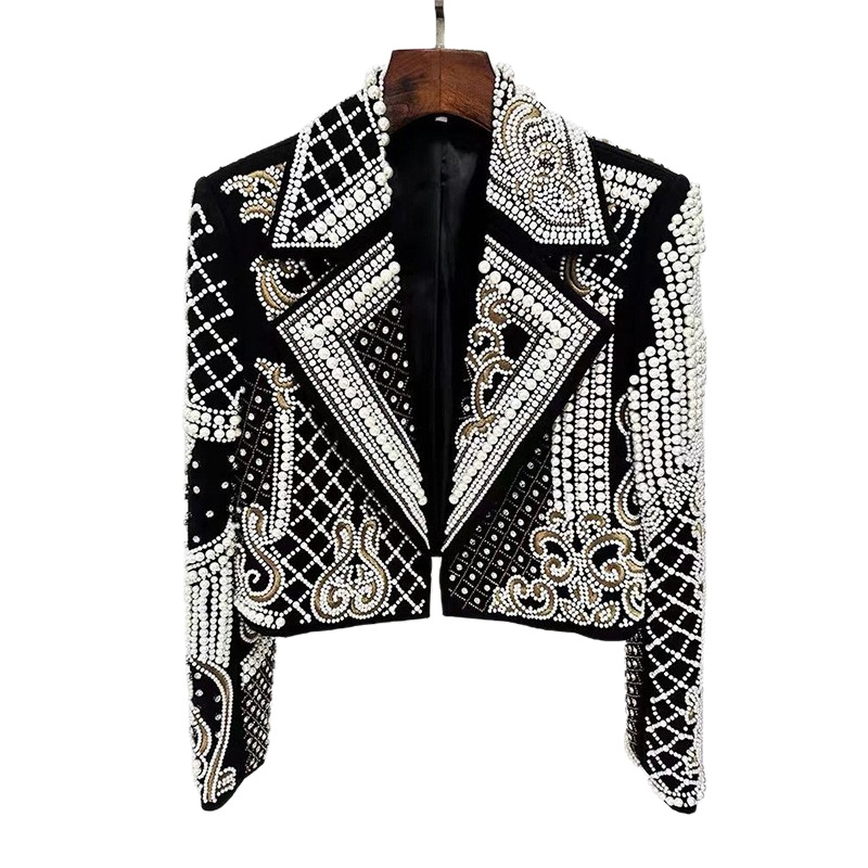 European and American heavy industry embroidery nail bead inlaid diamond short jacket women's suit collar long sleeved jacket cardigan top suit - Image 2