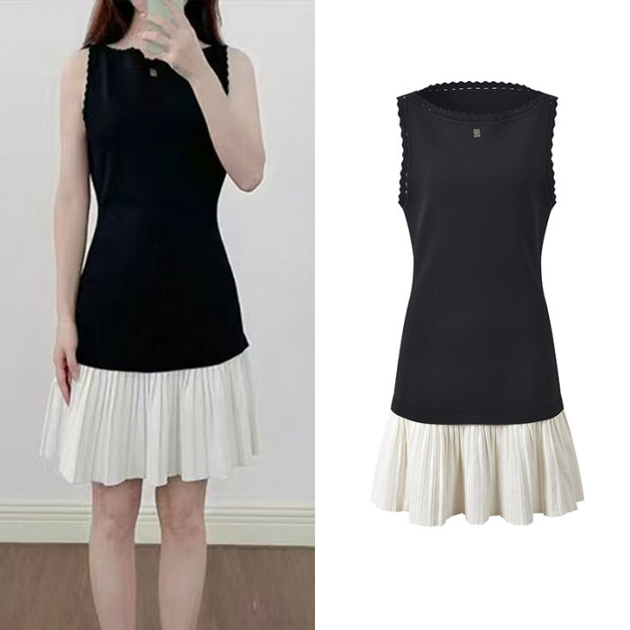 2026 spring/summer new design sense, contrasting color splicing, pleated skirt hem temperament, fashionable and elegant sleeveless dress