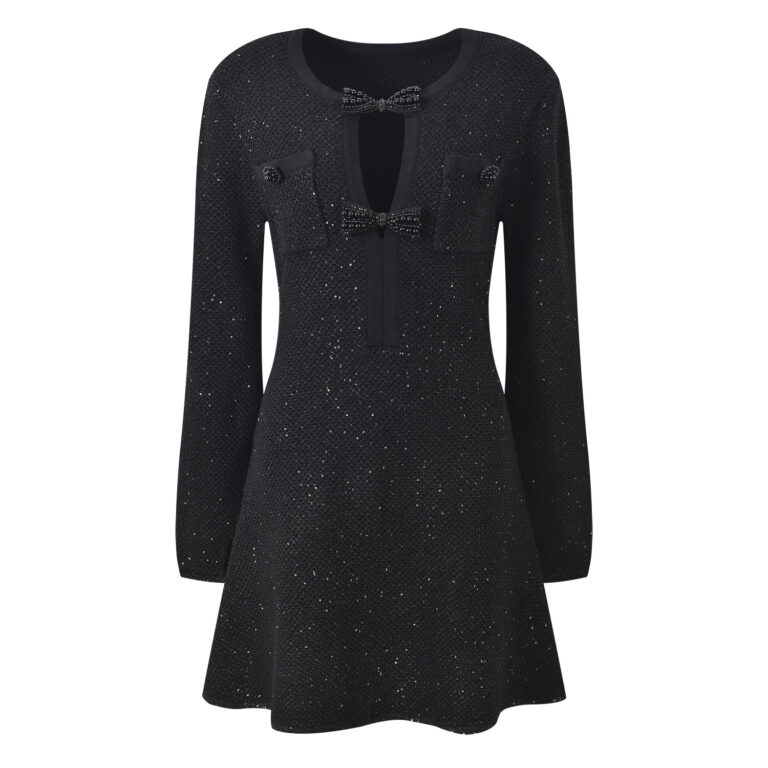 2026 early spring new bow hollow out temperament fashionable slim fit and slimming round neck long sleeved short dress - Image 2