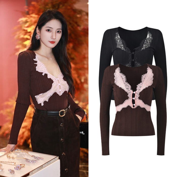 2025 Autumn/Winter New Fashionable Style Lace Hollow Splicing V-neck Slim Fit Knitted Bottom Shirt Top