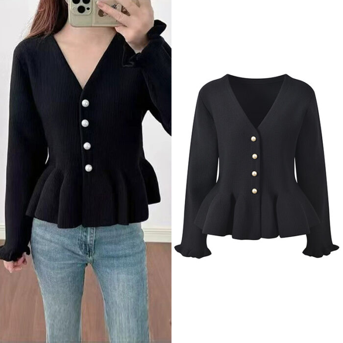 2026 early spring new V-neck design with ruffled hem, pleated black fungus cuffs, fashionable and versatile knitted cardigan