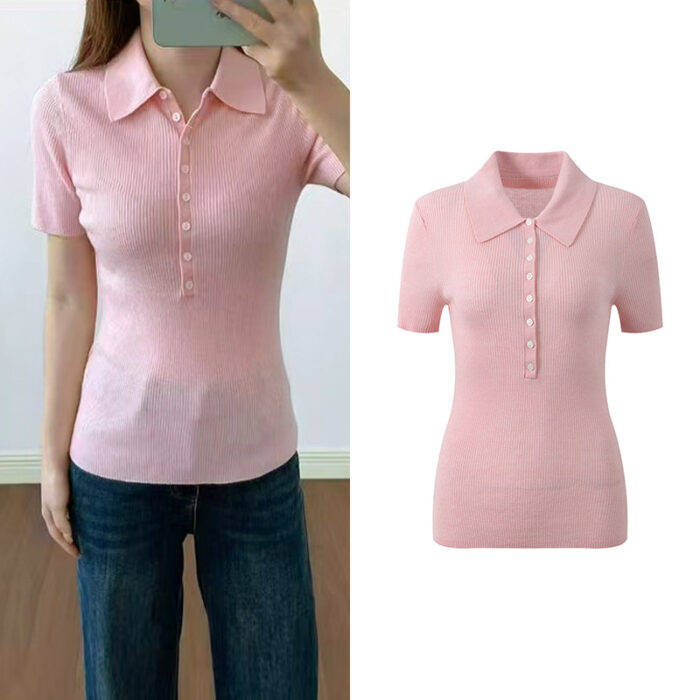 2026 Spring/Summer New Pink Gentle Wind Sweet Aging Fashion Versatile Polo Collar Knitted T-shirt Short Sleeve Top