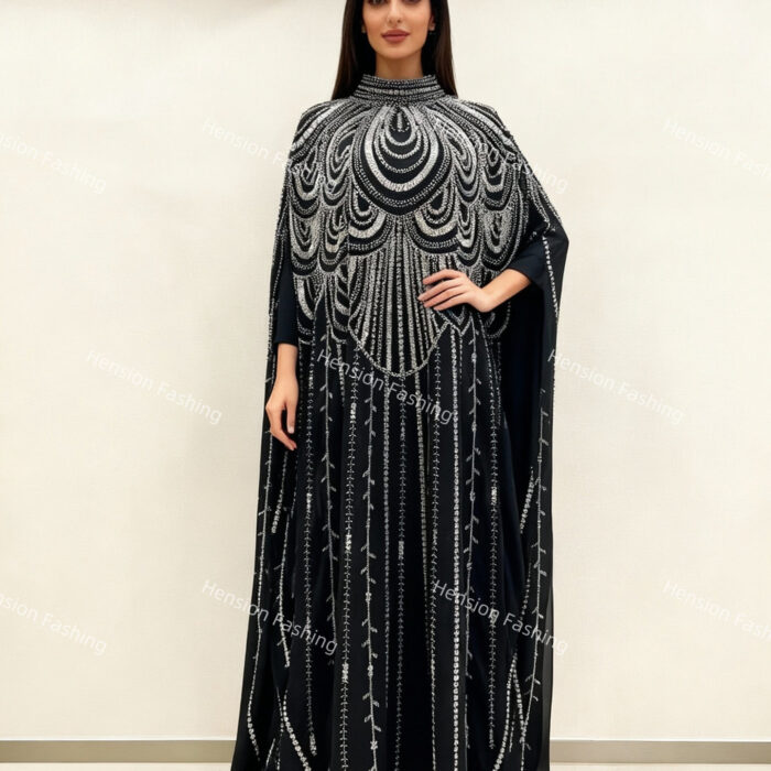 Women's Long Sleeve Muslim Robe Black Heavy Beadwork High-End Elegant Shawl Evening Gown for Banquet