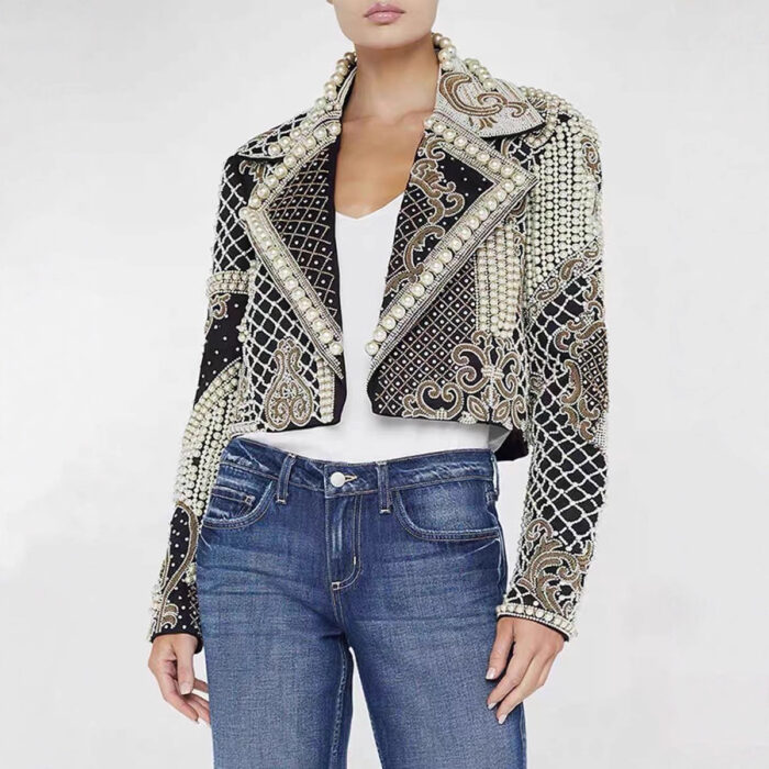 European and American heavy industry embroidery nail bead inlaid diamond short jacket women's suit collar long sleeved jacket cardigan top suit