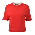 2026 Spring/Summer New Collection Color Contrasting Round Neck Cuffs Curled Edges Fashionable Age Reducing Versatile Short Red Knitted Top - Image 2
