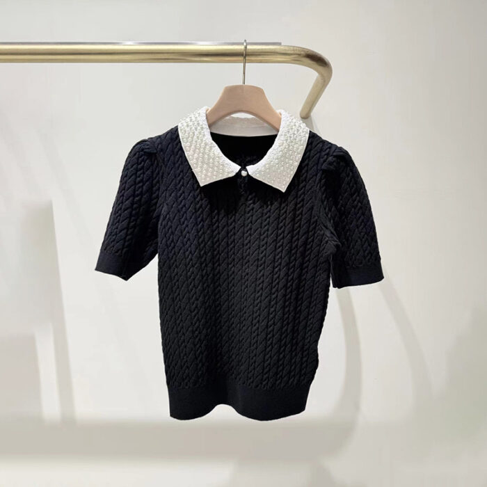 French style niche 2026 early spring nail pearl small lapel twisted flower water droplet hollow short sleeved pullover knitted sweater 526043