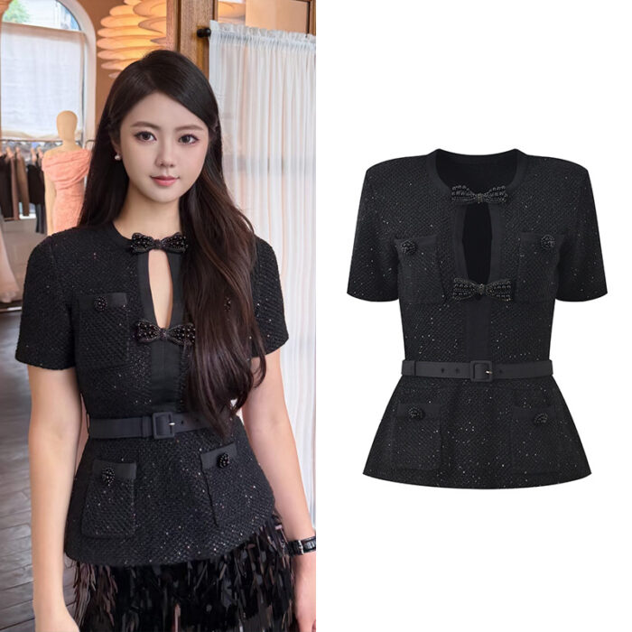 2026 spring/summer new round neck hollow bow decoration sequin temperament slimming and slimming short sleeved top with belt included