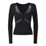 2025 Autumn/Winter New Fashionable Style Lace Hollow Splicing V-neck Slim Fit Knitted Bottom Shirt Top - Image 3