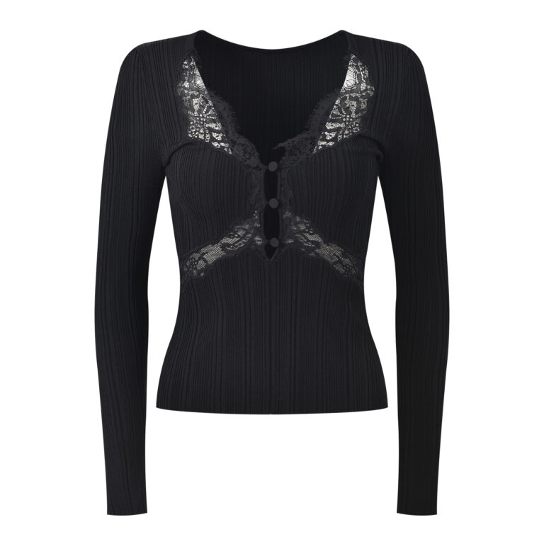 2025 Autumn/Winter New Fashionable Style Lace Hollow Splicing V-neck Slim Fit Knitted Bottom Shirt Top - Image 3