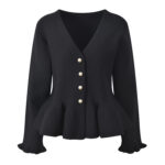 2026 early spring new V-neck design with ruffled hem, pleated black fungus cuffs, fashionable and versatile knitted cardigan - Image 2