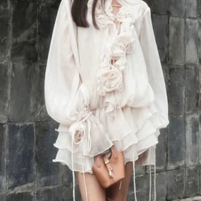 2025 Autumn New Cross-Border Women's Wear High-End Flower Patchwork Tied Lantern Sleeve Mini Dress