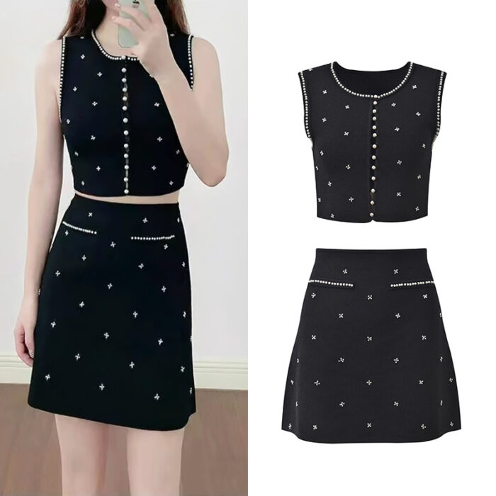 2026 Spring/Summer New Small Fragrance Heavy Industry Nail Bead Slim Fit Black Round Neck Sleeveless Top+Half Skirt Set