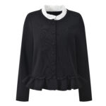 2026 early spring new color contrasting lace collar, ruffle hem, fashionable and versatile black knitted cardigan jacket - Image 2