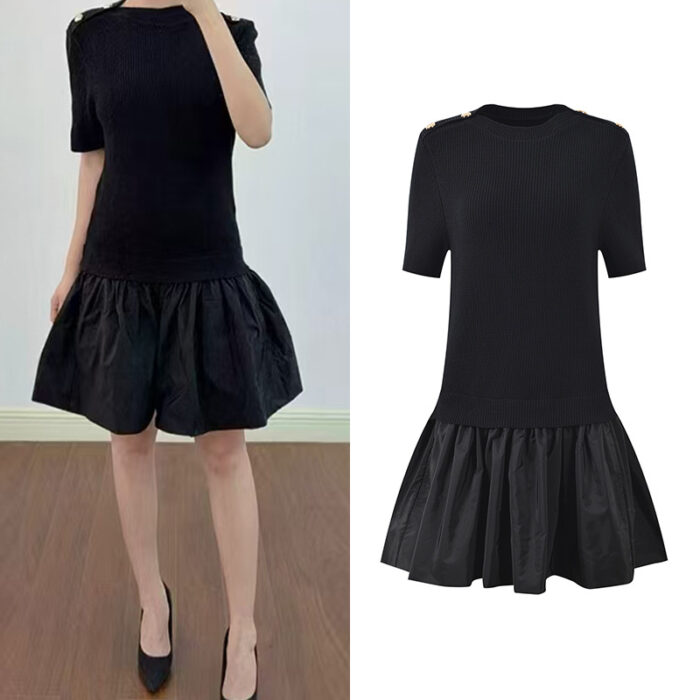 2026 Spring/Summer New Style Fake Two piece Bottom Splicing Fashionable Slim Fit Black Round Neck Short Sleeve Dress