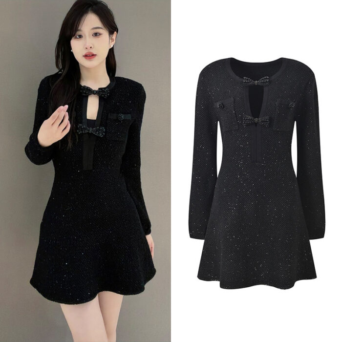 2026 early spring new bow hollow out temperament fashionable slim fit and slimming round neck long sleeved short dress