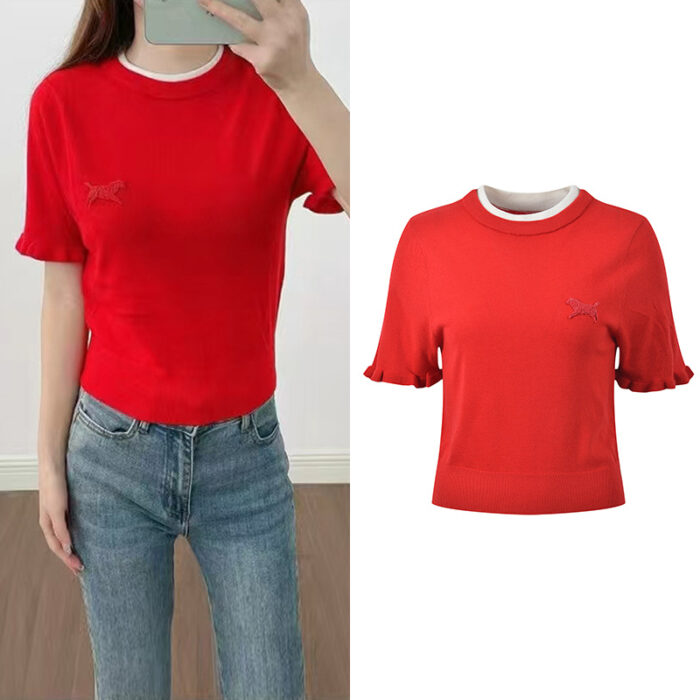 2026 Spring/Summer New Collection Color Contrasting Round Neck Cuffs Curled Edges Fashionable Age Reducing Versatile Short Red Knitted Top