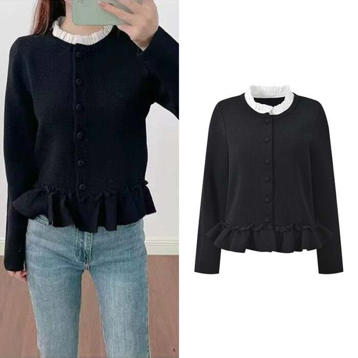 2026 early spring new color contrasting lace collar, ruffle hem, fashionable and versatile black knitted cardigan jacket
