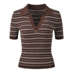 2026 Spring and Summer Collection: Color-Blocked Striped, Stylish, Casual, Versatile, Slim-Fit, Polo-Collar Knit T-Shirt Top 5250536 - Image 2