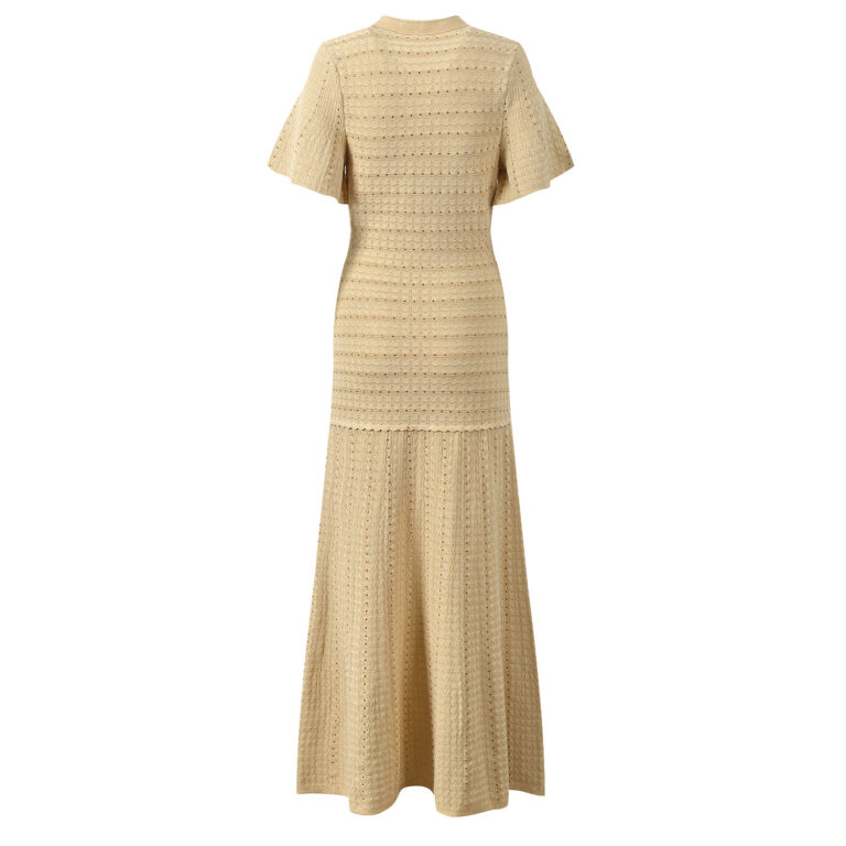 2026 Spring and Summer New Collection: Apricot-colored, Lace-Embellished, Single-Button Dress with Elegant Style, Slim Fit, Round Neck, Long Length 6260095 - Image 3