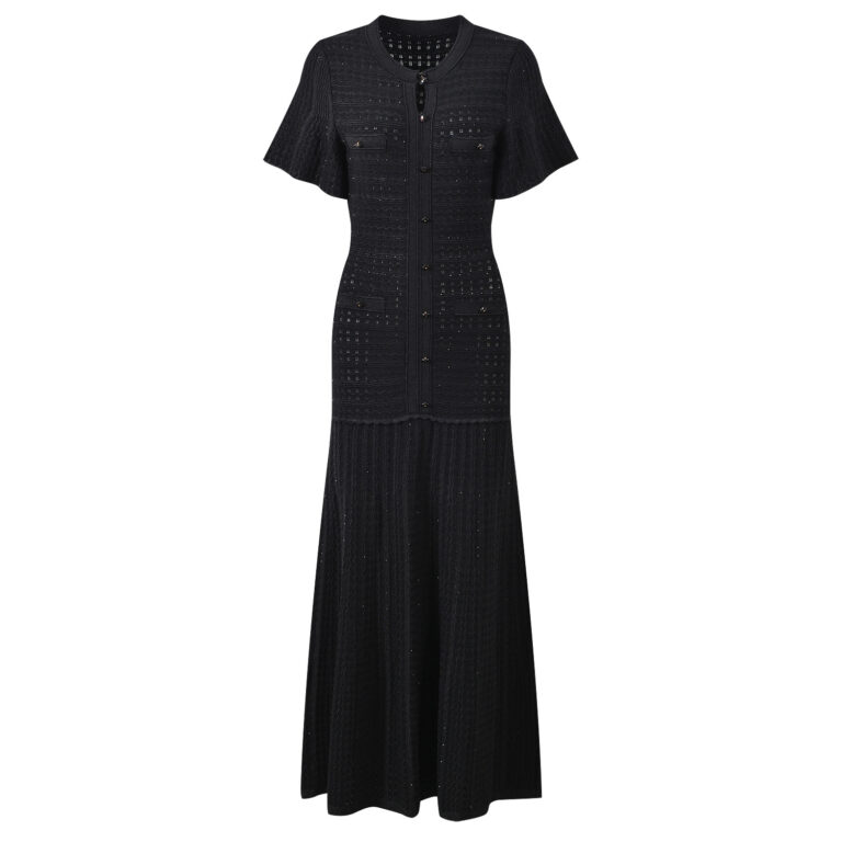 2026 Spring and Summer New Collection: Black Lace-Embellished Knotted Design, Single-Button Style, Elegant and Stylish, Slim Fit, Round Neck, Long Dress 6260129 - Image 2