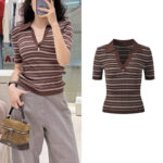 2026 Spring and Summer Collection: Color-Blocked Striped, Stylish, Casual, Versatile, Slim-Fit, Polo-Collar Knit T-Shirt Top 5250536