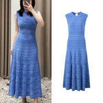 2026 Spring/Summer New Design: Lace-Embellished Diamond Patterned Wave Design, Openwork, Blue, Round Neck, Sleeveless Dress for Women 5250539