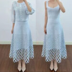 2026 Spring/Summer New Collection: Heavy-duty rhinestone-embellished, lattice-patterned, round-necked, lantern-sleeved, knitted cardigan with detachable straps, long dress set 5250534