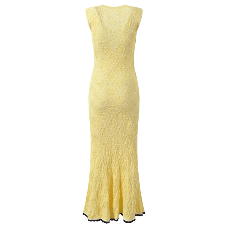2026 Summer New Model: Lace-Embellished Wave Pattern, Elegant, Fashionable, Slim Fit, Round Neck, Sleeveless, Long-Length Knit Dress - Image 3
