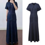 2026 Spring and Summer New Collection: Elegant, Stylish, Slimming, Sleek, Navy Blue, Round Neck, Short Sleeve, Luminous Silk Knit Dress for Women 5250540