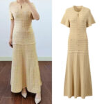 2026 Spring and Summer New Collection: Apricot-colored, Lace-Embellished, Single-Button Dress with Elegant Style, Slim Fit, Round Neck, Long Length 6260095