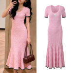 2026 Summer New Collection: French Chic Style, Flowing Silhouette, Slim-Fit, Contrast Colors, Lace-Embellished, Short-Sleeve, Mid-Length Dress