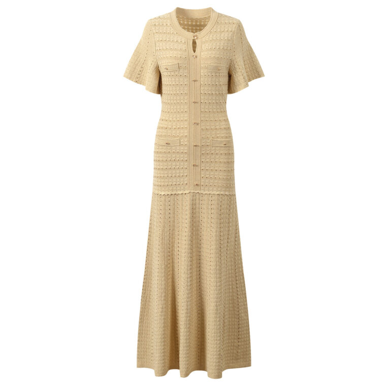 2026 Spring and Summer New Collection: Apricot-colored, Lace-Embellished, Single-Button Dress with Elegant Style, Slim Fit, Round Neck, Long Length 6260095 - Image 2