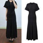 2026 Spring and Summer New Collection: Black Lace-Embellished Knotted Design, Single-Button Style, Elegant and Stylish, Slim Fit, Round Neck, Long Dress 6260129
