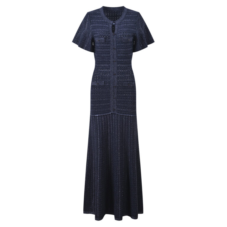 2026 Spring and Summer New Collection: Elegant, Stylish, Slimming, Sleek, Navy Blue, Round Neck, Short Sleeve, Luminous Silk Knit Dress for Women 5250540 - Image 2