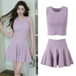 2026 Spring/Summer New Style Beaded Purple Soft Style Fashionally Cool Short Knitted V-Neck Top + A-Line Skirt Set 6260004