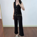2026 Summer New Style French Oceanic Elements Frillless Sleeveless V-Neck Cardigan + Wide Leg Pants Set 6260054