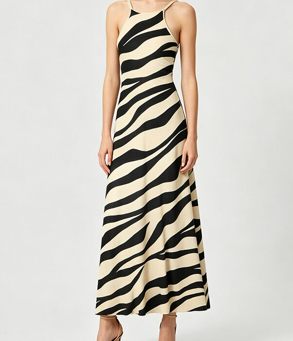 Summer new style French vacation style zebra print fitted and slimming neckline one-step knitted dress for women 6260141