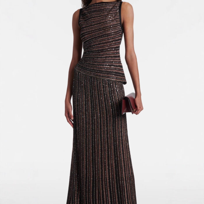 New summer style cross-border knitted sets - French high-end sleeveless top + striped skirt two-piece women's dress