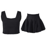 2026 Summer New Style French-style Black Lace Collar Round-necked Curved Binding Short Knitted Blouse + Short Skirt Set 6260110 - Image 2