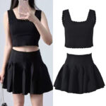 2026 Summer New Style French-style Black Lace Collar Round-necked Curved Binding Short Knitted Blouse + Short Skirt Set 6260110