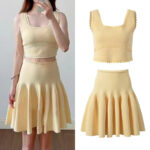 2026 Spring/Summer New Style Light Yellow Tight-Fitting Slimming Short-Sleeved Bralette with Pleated Wave Waistband and Flared Skirt Set of Two Pieces 6260055