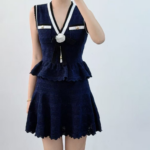 New French-style elegant sleeveless fitted dress in blue short skirt with ruffled edge design dress 6260145