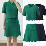 2026 Spring/Summer New Style Green Simple Wave Pattern Polo Neck Short Sleeve Knitted Cardigan + Short Skirt Set 6260046